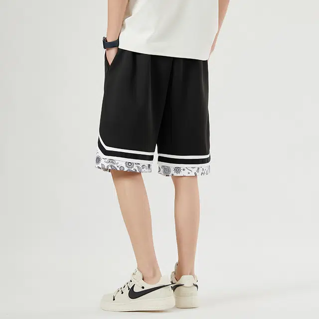 寻星记 美式复古条纹腰果花织带拼接假两件宽松透气抽绳直筒休闲篮球短裤 男女同款