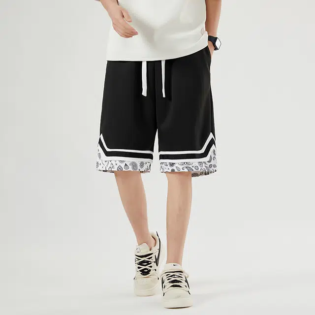 寻星记 美式复古条纹腰果花织带拼接假两件宽松透气抽绳直筒休闲篮球短裤 男女同款