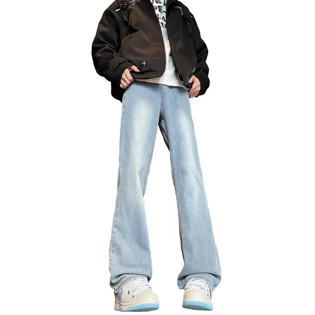 巴塞罗那足球俱乐部 美式复古水洗渐变直筒亲肤透气休闲百搭弹力微喇通勤长裤牛仔裤 男女同款