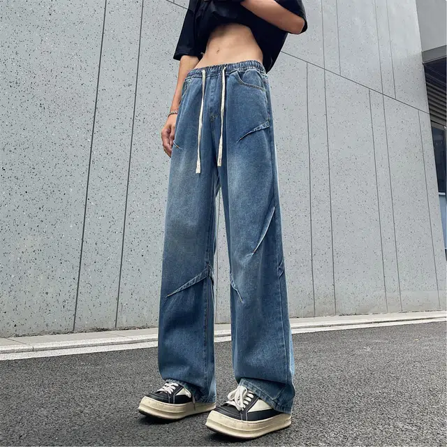 美式复古高街风显高显瘦垂感休闲阔腿经典百搭褶皱设计纯色基础款中腰潮流百搭抽绳宽松直筒裤做旧简约舒适系带牛仔裤 男女同款