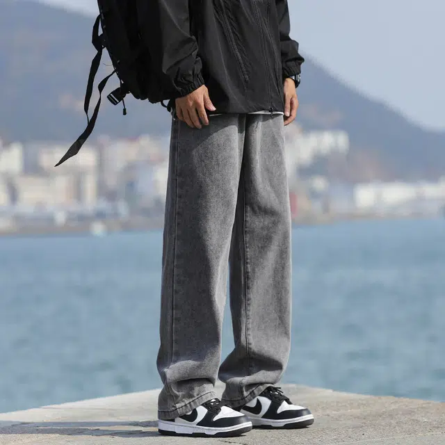 美式简约透气舒适柔软宽松垂感百搭直筒复古高街水洗纯色基础款显高中腰户外阔腿长裤休闲通勤经典牛仔裤 男女同款