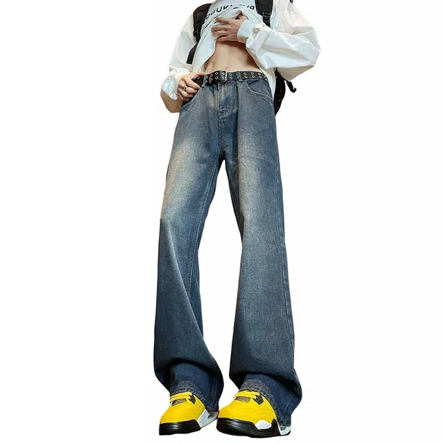 巴塞罗那足球俱乐部 美式复古水洗渐变直筒亲肤透气休闲百搭弹力微喇通勤长裤牛仔裤 男女同款