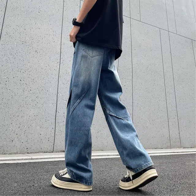 美式复古高街风显高显瘦垂感休闲阔腿经典百搭褶皱设计纯色基础款中腰潮流百搭抽绳宽松直筒裤做旧简约舒适系带牛仔裤 男女同款