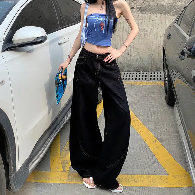 人本 美式复古舒适百搭弯刀字母刺绣拼接宽松休闲时尚高腰显瘦阔腿牛仔裤 女款