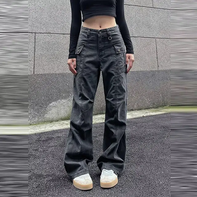 人本 美式多口袋宽松街头百搭直筒休闲复古水洗做旧风牛仔裤 女款