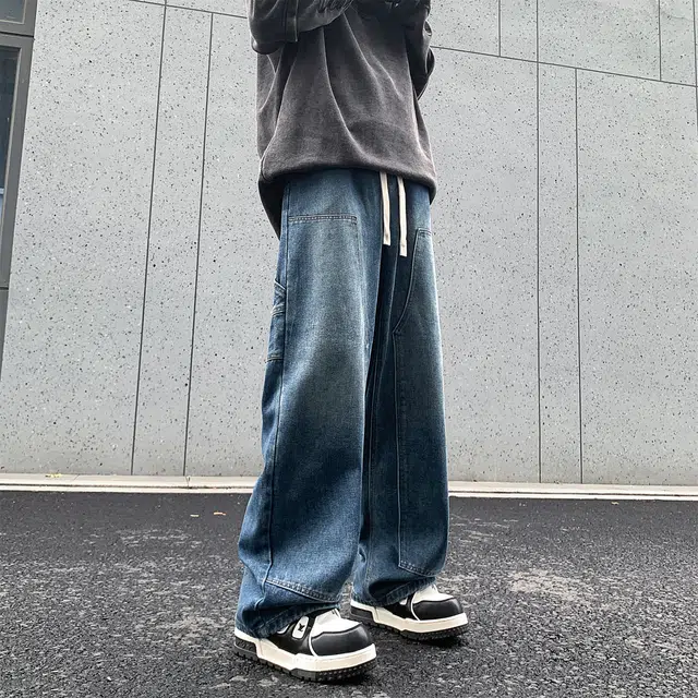 人本 直筒宽松休闲长裤抽绳系带中腰拼接飘带复古阔腿裤学生百搭牛仔裤 男女同款