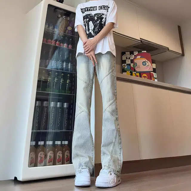 人本 磨白做旧耐磨水洗拼接设计微喇叭长裤青少年文艺校园青春休闲百搭牛仔裤 男女同款 黑色
