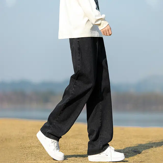 人本 中腰直筒宽松阔腿裤子松紧腰舒适休闲长裤牛仔裤夏季 男女同款