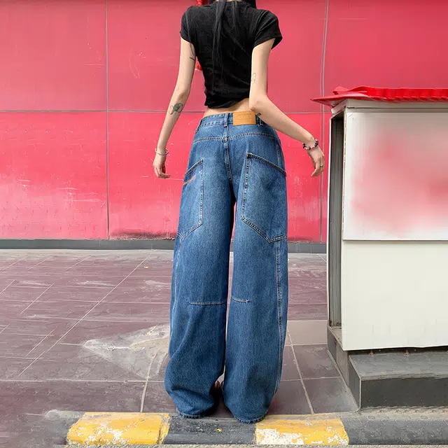 人本 美式复古舒适百搭弯刀字母刺绣拼接宽松休闲时尚高腰显瘦阔腿牛仔裤 女款