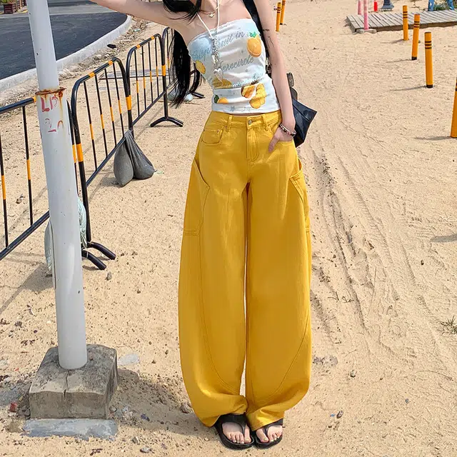 人本 美式复古舒适百搭弯刀字母刺绣拼接宽松休闲时尚高腰显瘦阔腿牛仔裤 女款