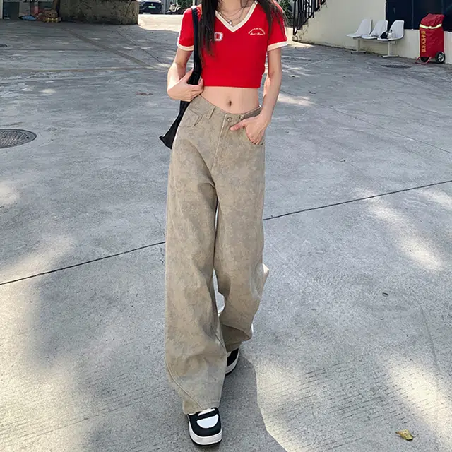 人本 美式百搭宽松休闲直筒裤复古废土风扎染阔腿牛仔裤 女款