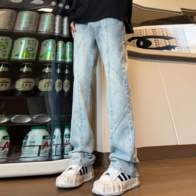 人本 休闲外出水洗磨白拼接长裤子街头百搭复古合身直筒牛仔裤夏季 男女同款 黄泥色