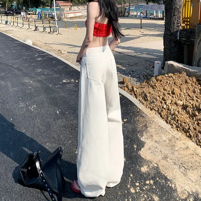 人本 美式复古高腰显瘦百搭时尚宽松舒适直筒垂感拖地牛仔裤 女款