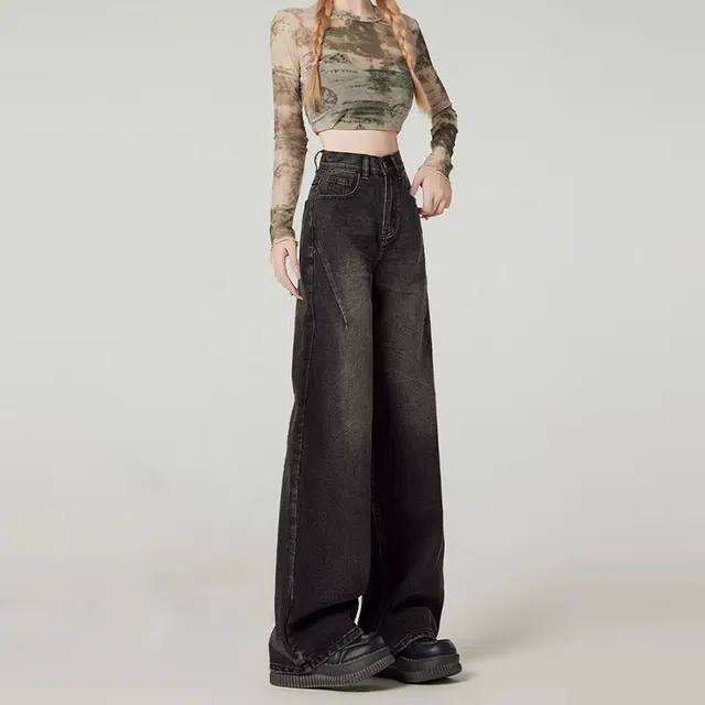 人本 美式复古宽松窄版梨形直筒裤高腰阔腿辣妹牛仔裤 女款 黑色