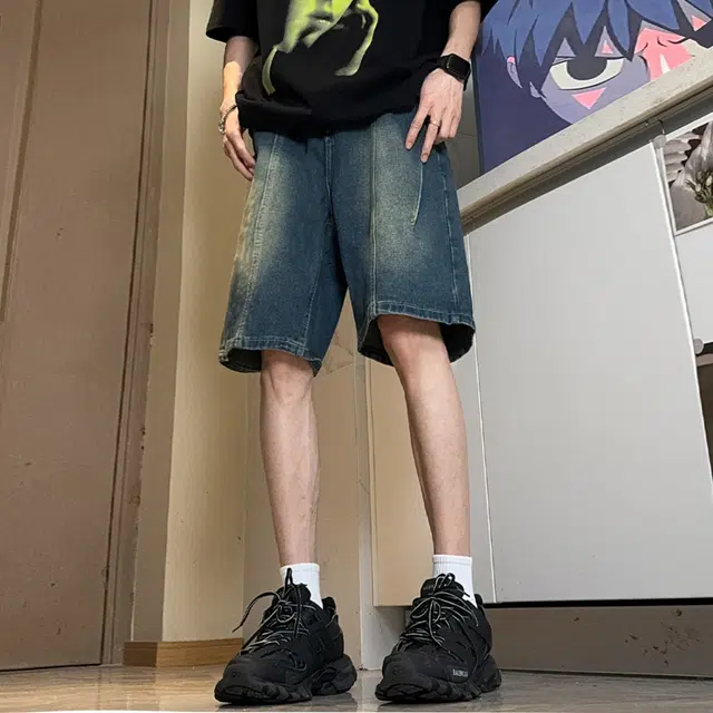 人本 美式高街水洗磨白复古直筒裤子拼接五分宽松直筒牛仔短裤夏季 男女同款 怀旧蓝