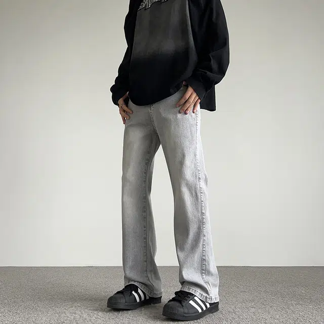 人本 复古纯色水洗怀旧美式高街休闲时尚长裤简约废土风百搭舒适直筒牛仔裤 男女同款 浅灰