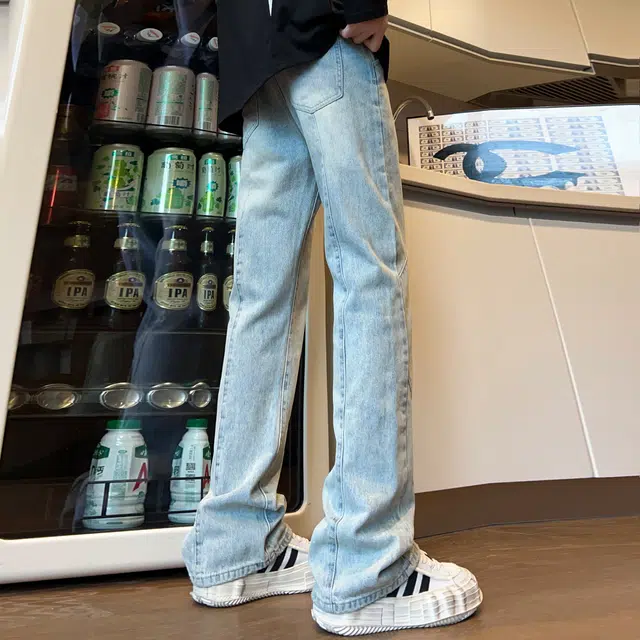 人本 休闲外出水洗磨白拼接长裤子街头百搭复古合身直筒牛仔裤夏季 男女同款 黄泥色