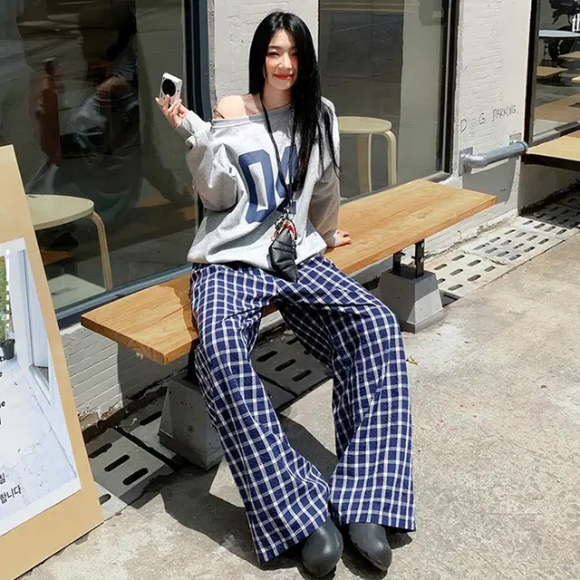 人本 美式街头格子宽松单排多扣慵懒垂感阔腿休闲裤 女款 蓝色