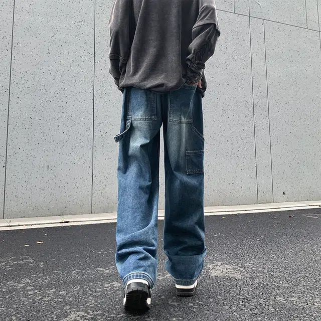 人本 直筒宽松休闲长裤抽绳系带中腰拼接飘带复古阔腿裤学生百搭牛仔裤 男女同款