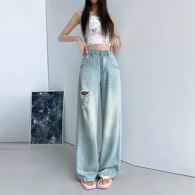 人本 美式复古水洗时尚休闲舒适阔腿拖地破洞宽松垂感直筒牛仔裤 女款