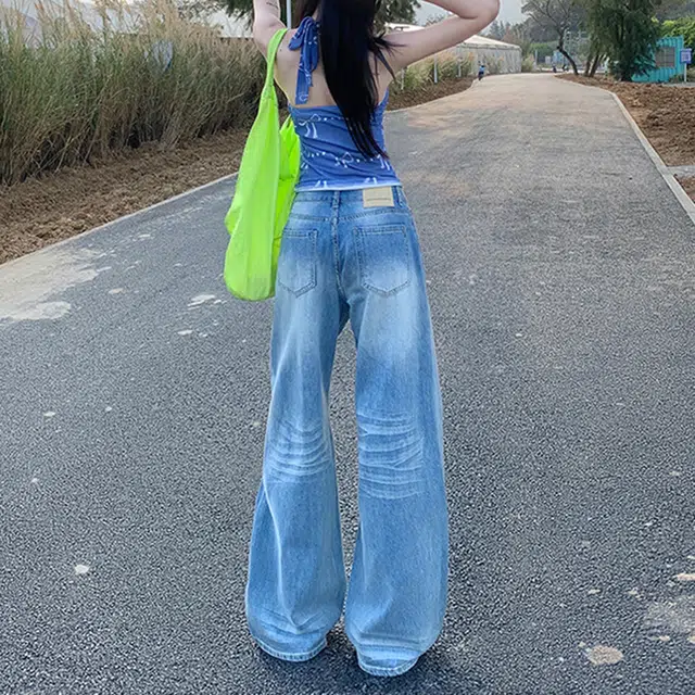 人本 美式复古水洗显瘦直筒垂感折痕宽松阔腿牛仔裤 女款
