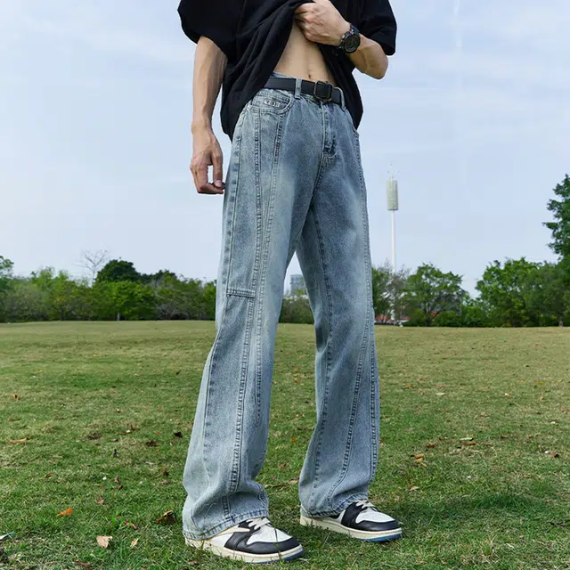 人本 简约拼接校园通勤直筒裤子微喇显瘦水洗长裤子牛仔裤夏季 男女同款 蓝色