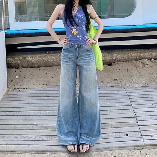 人本 美式复古水洗显瘦直筒垂感折痕宽松阔腿牛仔裤 女款