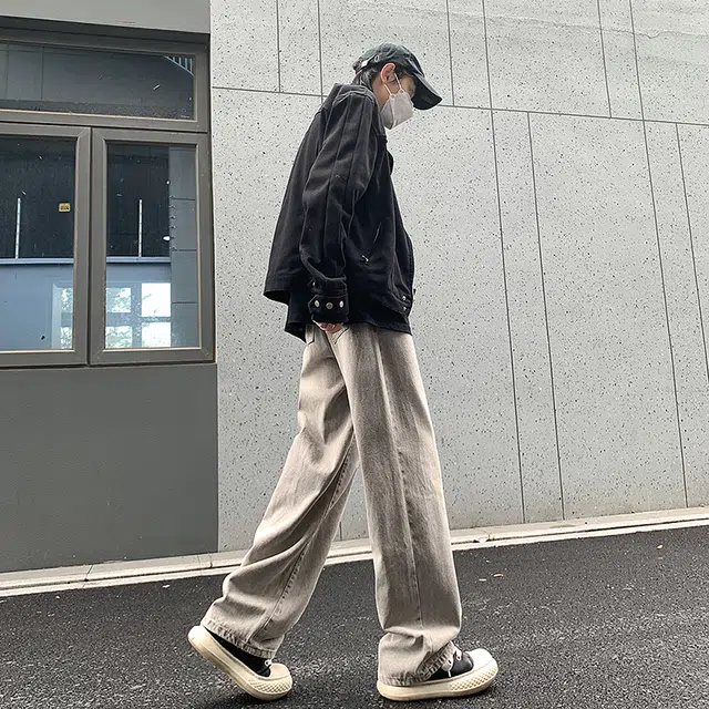 人本 美式复古水洗磨白做旧基础款简约校园学生青春文艺时尚百搭显高直筒牛仔裤 男女同款 灰色