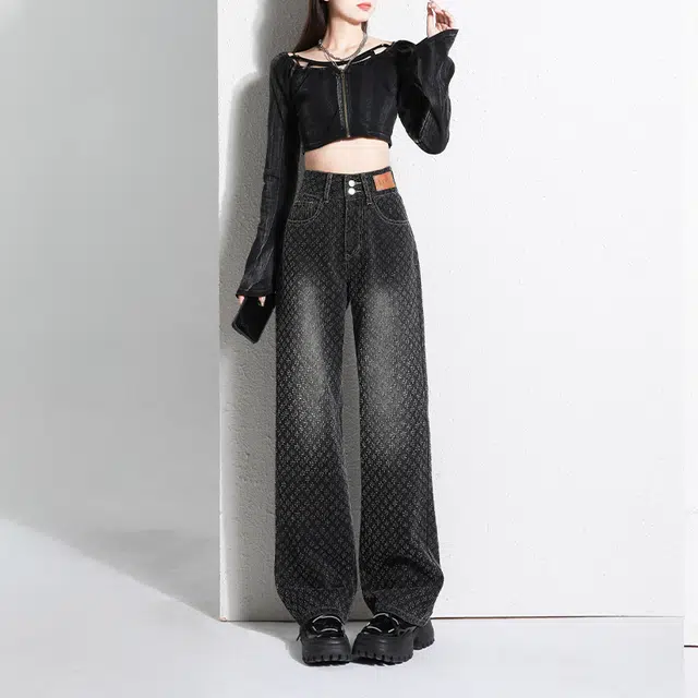 人本 美式直筒宽松显瘦垂感拖地裤时尚复古舒适百搭提花高腰阔腿牛仔裤 女款