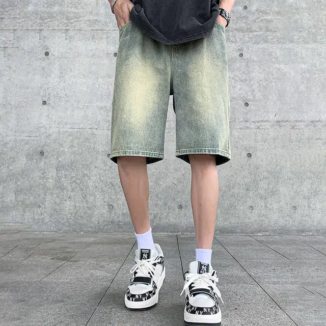 人本 美式复古怀旧水洗磨白渐变五分裤简约百搭直筒宽松夏季牛仔短裤 男女同款