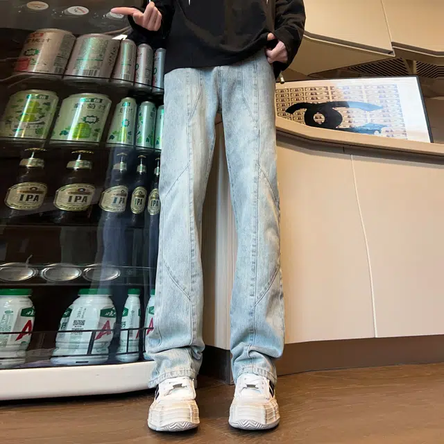 人本 休闲外出水洗磨白拼接长裤子街头百搭复古合身直筒牛仔裤夏季 男女同款 黄泥色