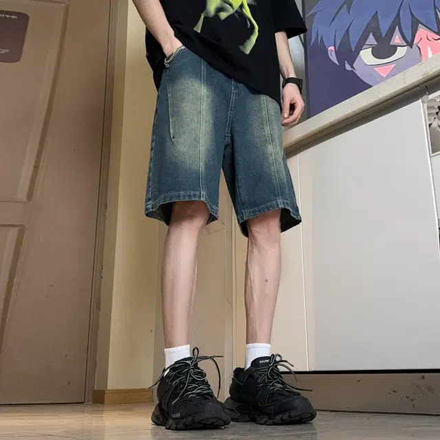 人本 美式高街水洗磨白复古直筒裤子拼接五分宽松直筒牛仔短裤夏季 男女同款 怀旧蓝