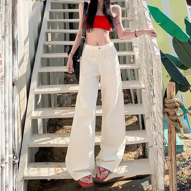 人本 美式复古高腰显瘦百搭时尚宽松舒适直筒垂感拖地牛仔裤 女款