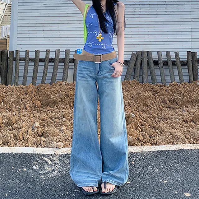 人本 美式复古水洗显瘦直筒垂感折痕宽松阔腿牛仔裤 女款