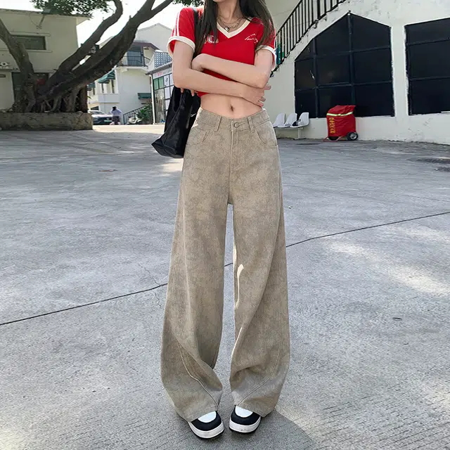 人本 美式百搭宽松休闲直筒裤复古废土风扎染阔腿牛仔裤 女款