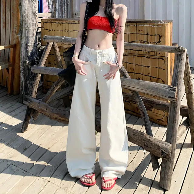 人本 美式复古高腰显瘦百搭时尚宽松舒适直筒垂感拖地牛仔裤 女款
