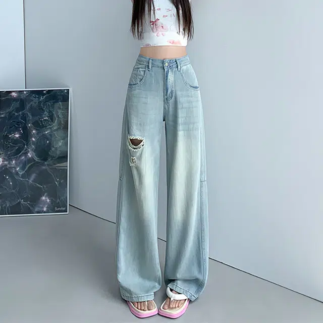 人本 美式复古水洗时尚休闲舒适阔腿拖地破洞宽松垂感直筒牛仔裤 女款