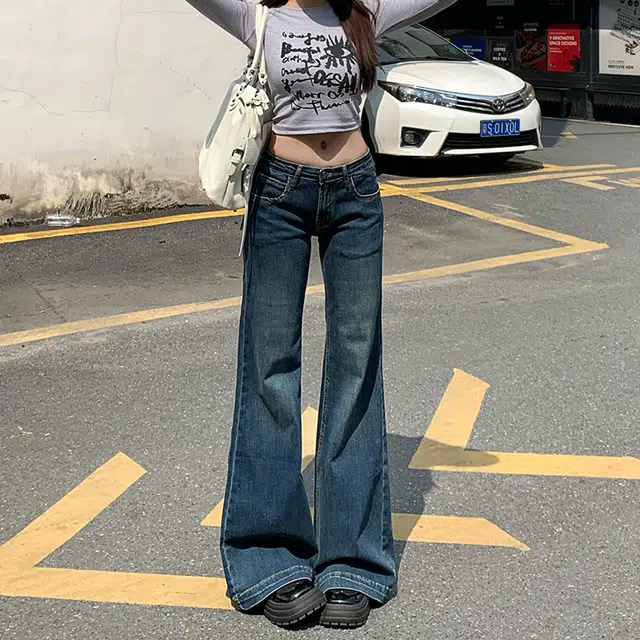 人本 美式辣妹复古风格舒适百搭弹力时尚直筒低腰拖地阔腿牛仔裤 女款