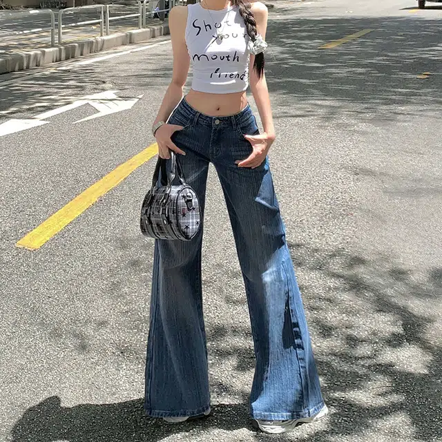 人本 宽松显瘦重工竹节纹超级复古蓝美式低腰阔腿微喇牛仔裤 女款