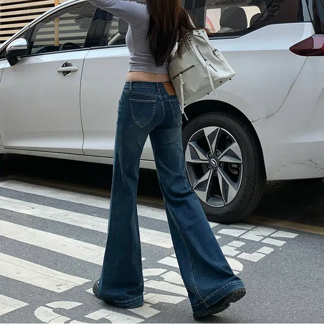 人本 美式辣妹复古风格舒适百搭弹力时尚直筒低腰拖地阔腿牛仔裤 女款
