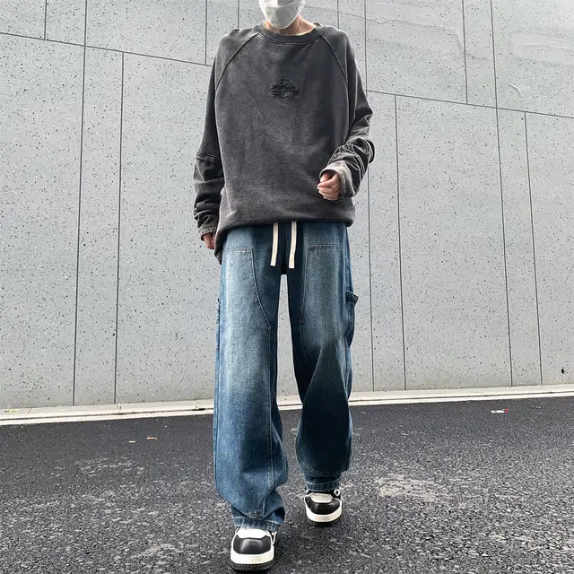 人本 直筒宽松休闲长裤抽绳系带中腰拼接飘带复古阔腿裤学生百搭牛仔裤 男女同款