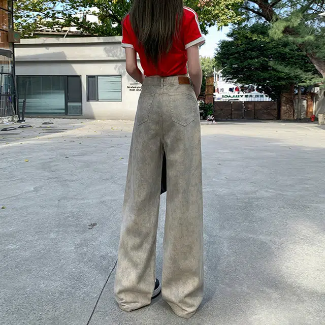 人本 美式百搭宽松休闲直筒裤复古废土风扎染阔腿牛仔裤 女款