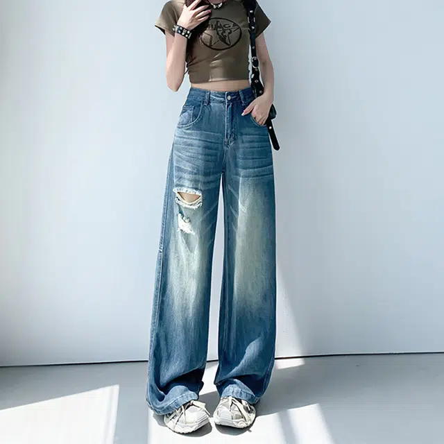 人本 美式复古水洗时尚休闲舒适阔腿拖地破洞宽松垂感直筒牛仔裤 女款