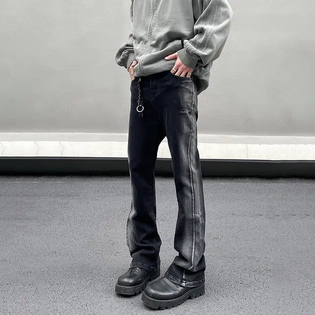 人本 侧边双色渐变长裤子微弹青春户外通勤撞色直筒牛仔裤夏季 男女同款 黑色