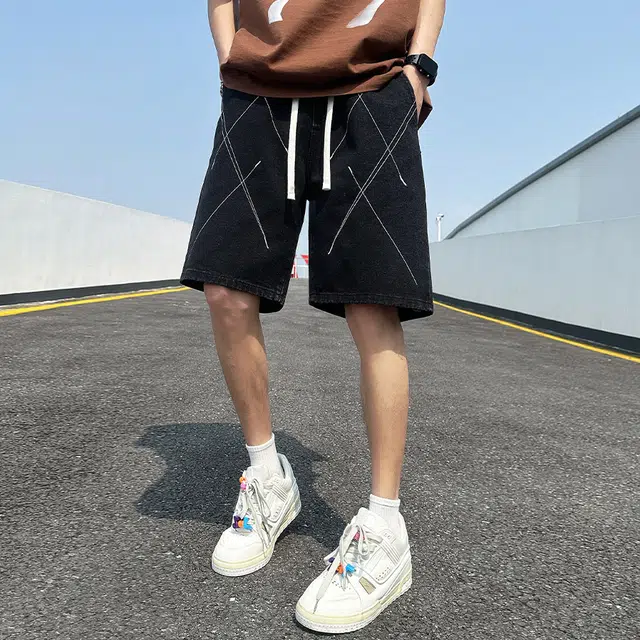 人本 松紧腰系带拼色度假休闲舒适五分裤百搭裤子牛仔短裤 男女同款