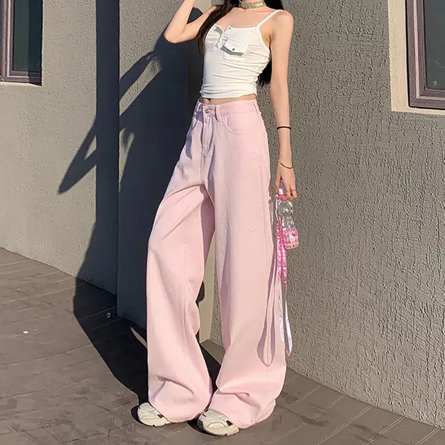 人本 时尚百搭复古水洗裤子甜美清新纯色高腰设计显瘦街头宽松直筒阔腿牛仔裤 女款