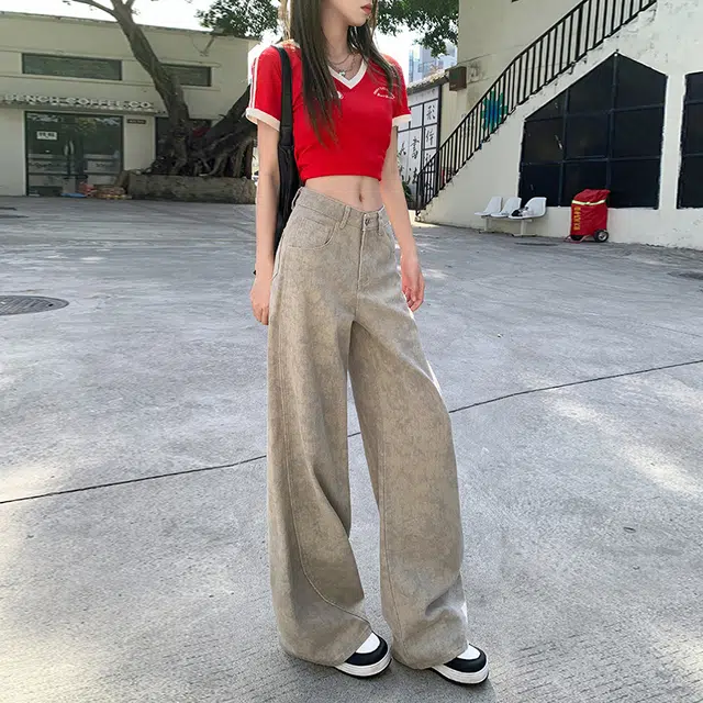 人本 美式百搭宽松休闲直筒裤复古废土风扎染阔腿牛仔裤 女款
