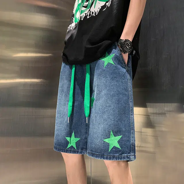 人本 刺绣星星松紧腰系带百搭五分裤拼接设计牛仔短裤 男女同款