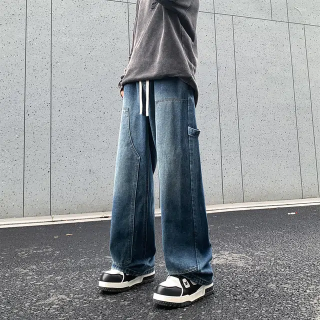 人本 直筒宽松休闲长裤抽绳系带中腰拼接飘带复古阔腿裤学生百搭牛仔裤 男女同款