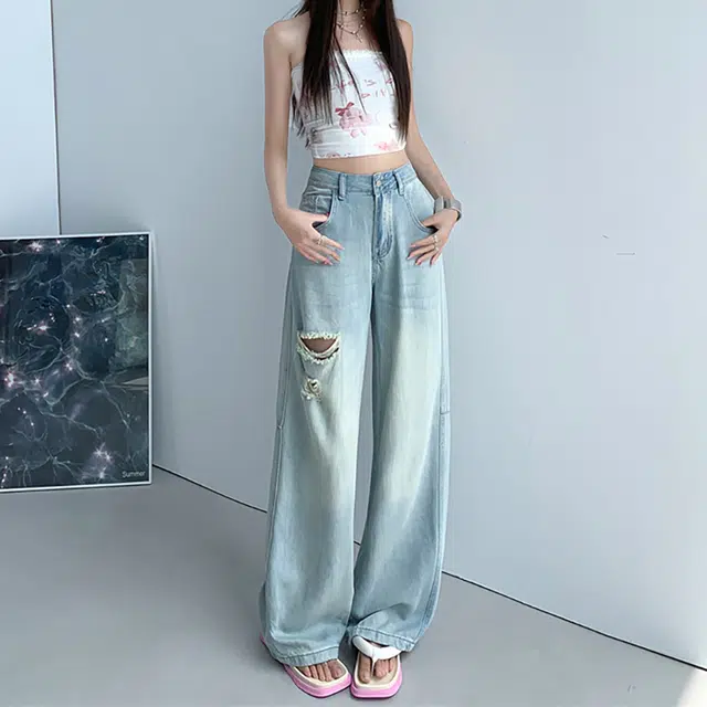 人本 美式复古水洗时尚休闲舒适阔腿拖地破洞宽松垂感直筒牛仔裤 女款